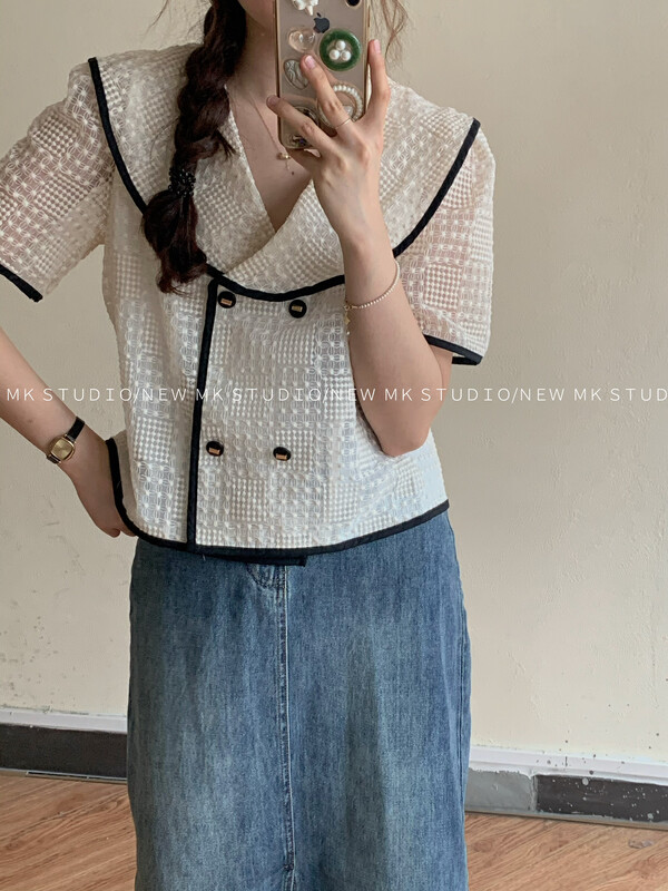 [MK] fashion double breasted contrast shirt 3326# hjy