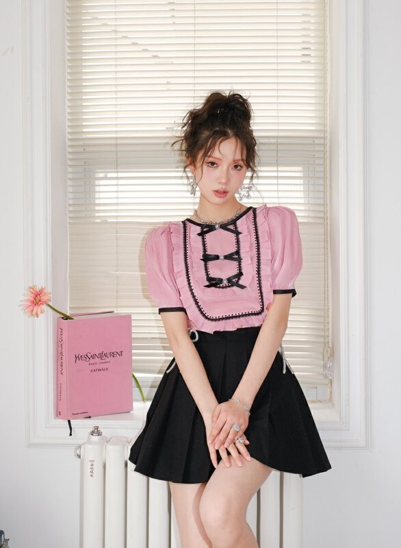 [Alala emelia] bowknot Rhinestone U-shaped design shirt s1833