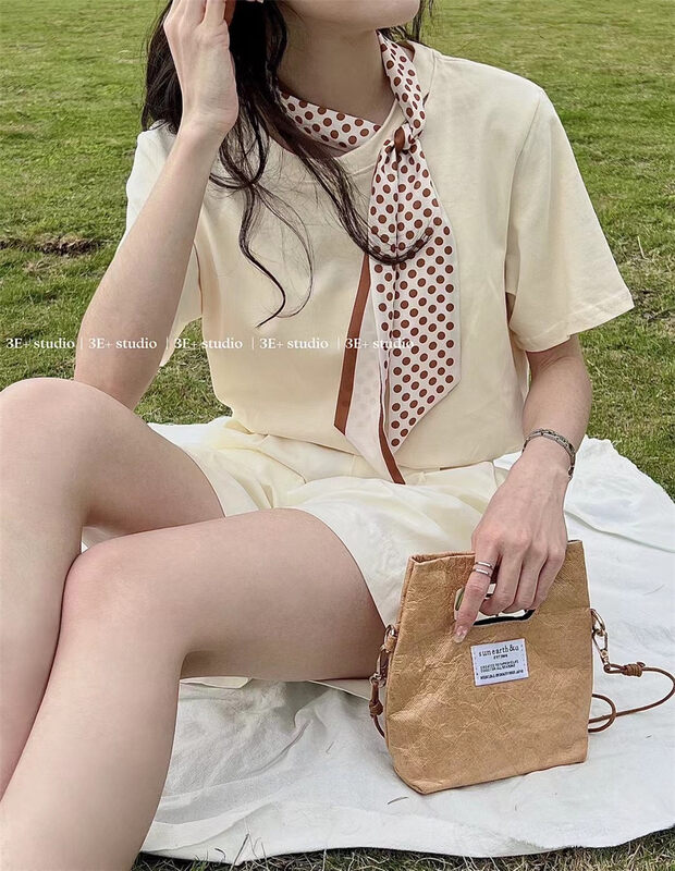 Original price 55.27! [3e+] round neck clean comfortable short sleeved T-shirt (with silk scarf) e2047# ll