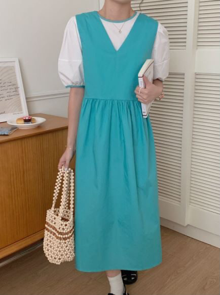 The original price is 98.99! [baerman] Korean color blocked bubble sleeve blouse + solid color loose vest skirt two-piece set 19358# HBx