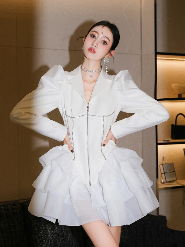 Original price 213.69! New year in early spring! [Alala emelia] Korean flat shoulder bra zipper multilayer suit dress l1118\jj