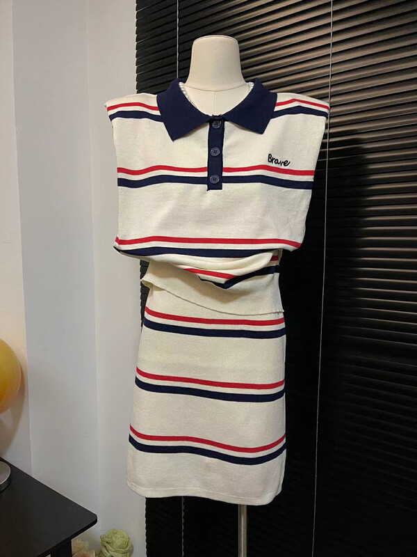 [women] Polo contrast striped sweater + elastic waist skirt set 0005# zxl
