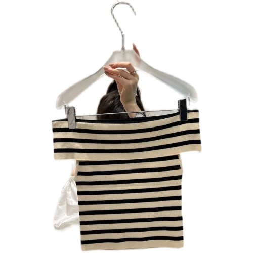 Benyan benyan Vintage striped off shoulder sweater women's 2022 summer new slim slim ice silk top