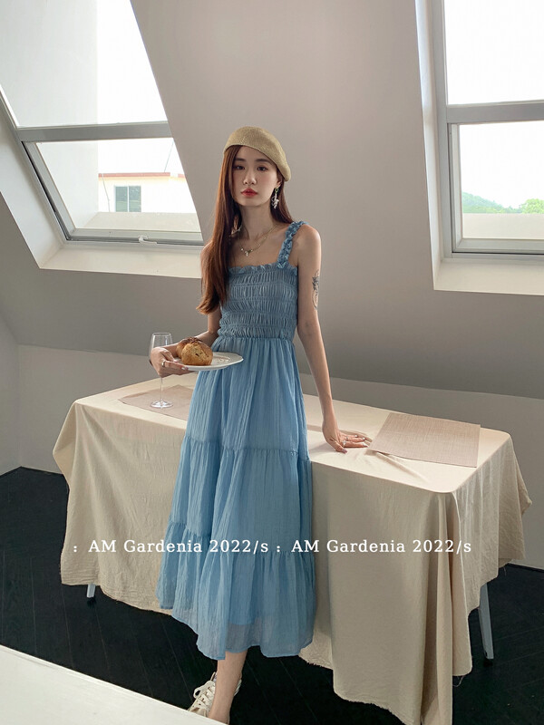 [am Gardenia] long sleeved sunscreen Top + Korean waist closed solid color dress set 3801 # zxx