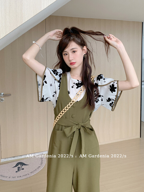 [am Gardenia] Vintage Print Top + loose Jumpsuit two piece set 3691 \zxx
