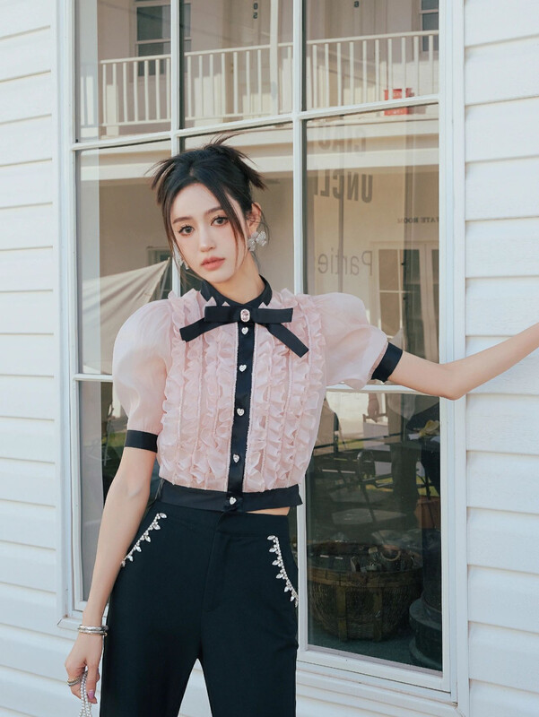 [Alala emelia] Rose Pink Rhinestone Buckle wood ear shirt (with removable bow) s1715a\jhy