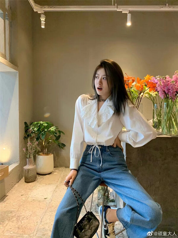 New year in early spring! [MS studio] Korean version Ruffle lace patchwork shirt 7819\pcz