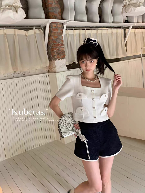 [Alala emelia] silver button small fragrance short sleeved shirt s1739 \jhy
