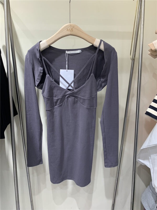 [MS studio] solid color short cardigan + slim fitting suspender skirt two-piece set 7822# PCZ