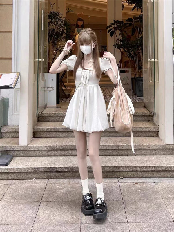 [MS studio] bubble sleeve lace up Vintage short dress 99475# PCZ