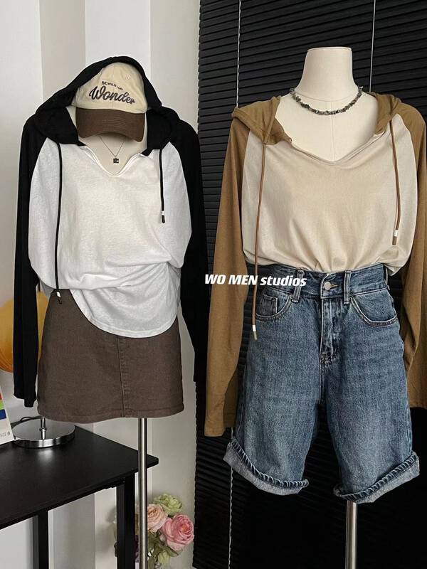 [women] color blocked hooded loose sunscreen shirt ys1-3667 # zxl