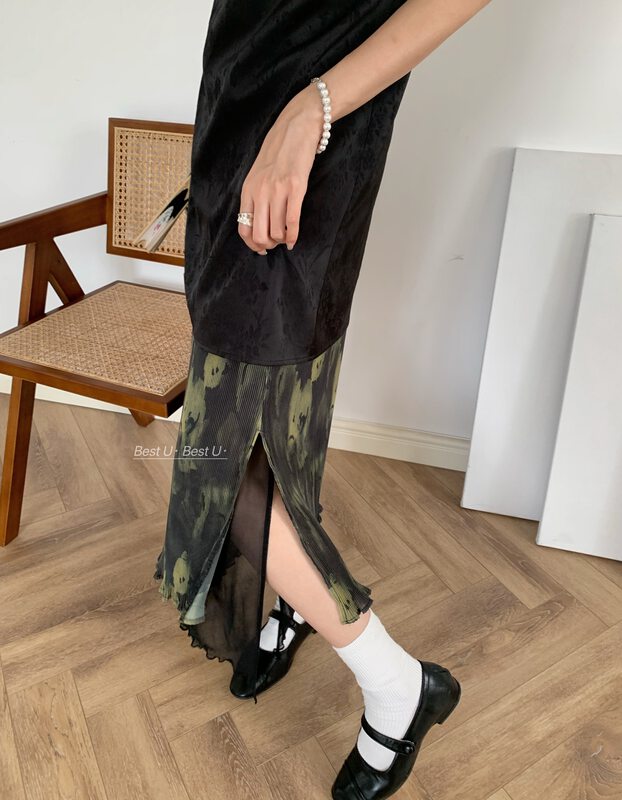 [best u] elastic waist small print medium length skirt 56180# LSW
