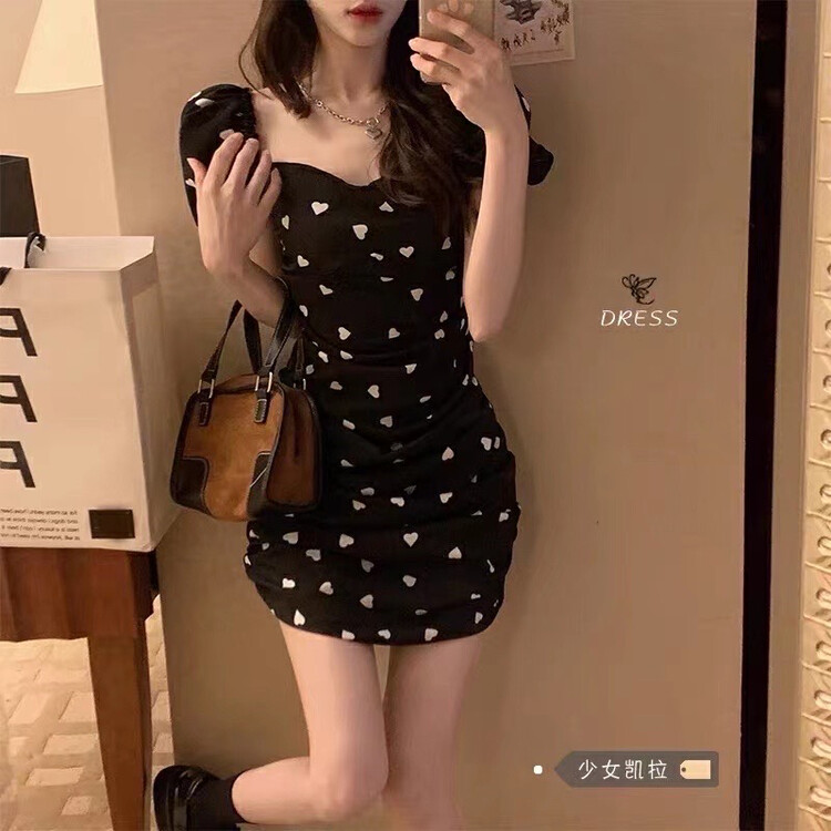 [LML] light familiar style off shoulder bubble short sleeve pleated slim dress 9488\ozq