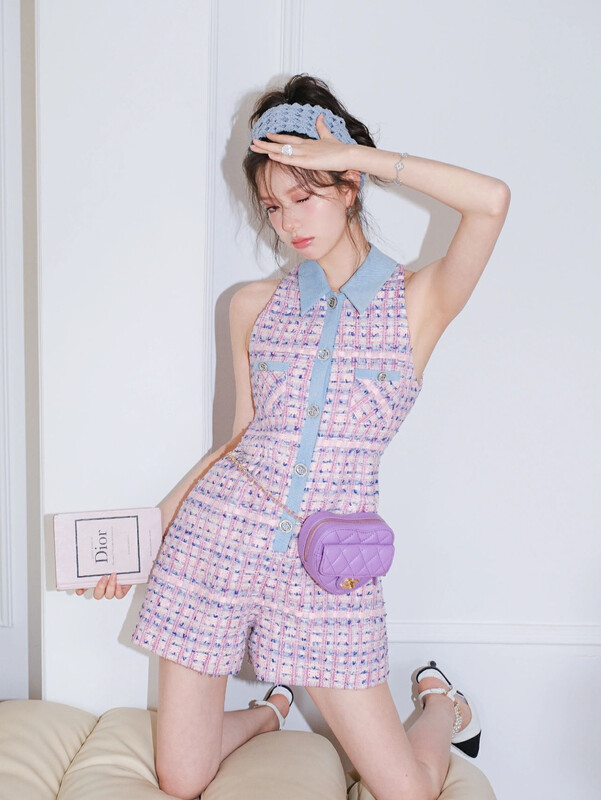 [Alala emelia] small fragrant pink checkered color matching one-piece pants l1912