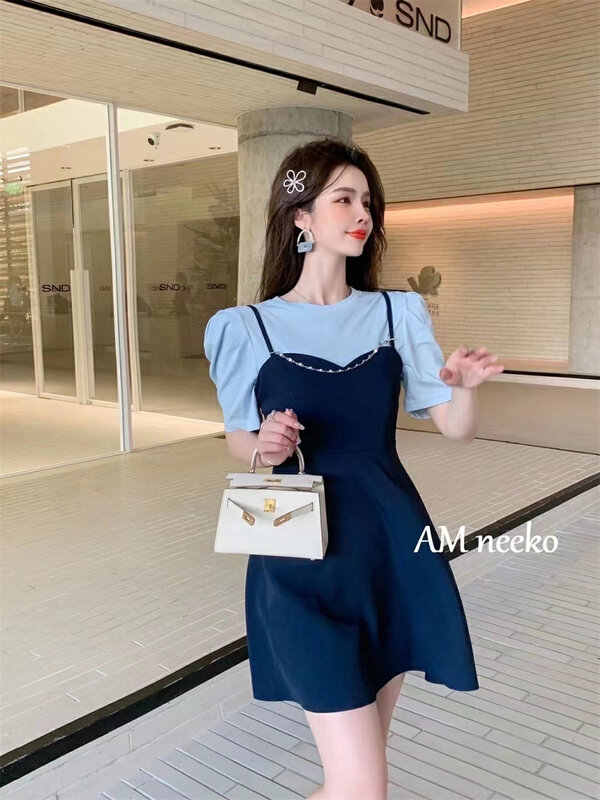 Original price 108.99! New year in early spring! [am Gardenia] niche design solid color round neck bubble sleeve short sleeve + simple slim fit versatile suit 3371# zxx