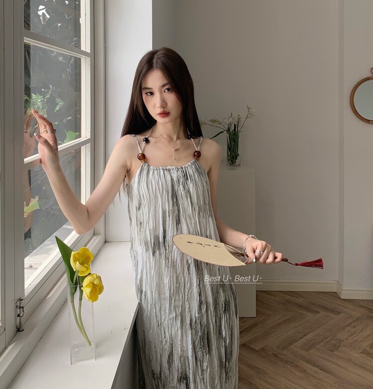 [best u] new Chinese style niche print chain neck dress 56110 \lsw