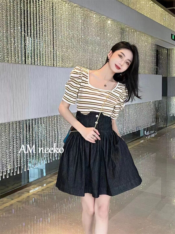 Original price 56.40! [neeko] square neck striped bubble sleeve short sleeve T-shirt 3386-1# zxx