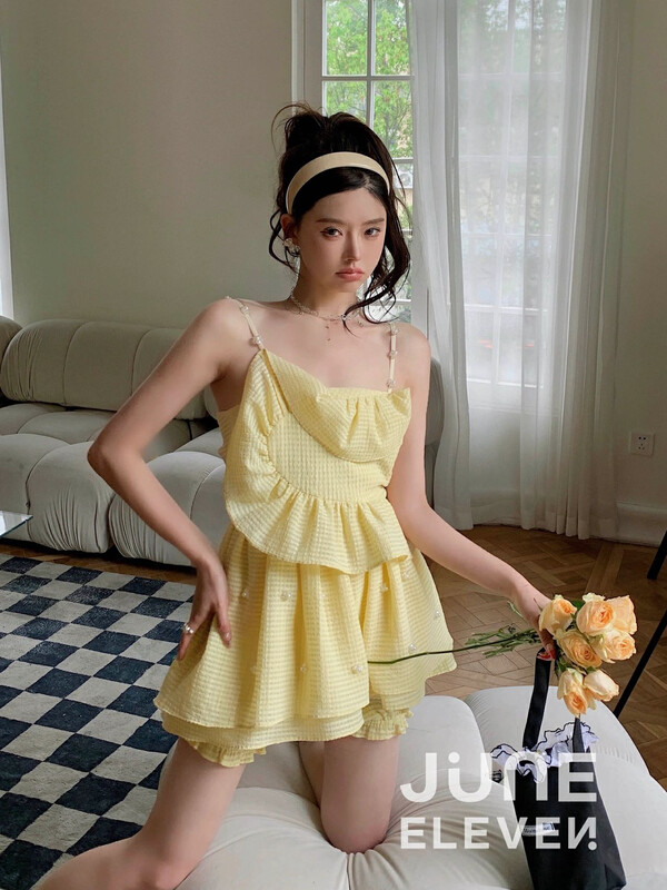 [Alala emelia] Ruffle double layered Mini Skirt Set (beading process with flower bud pants) t1851\jhy