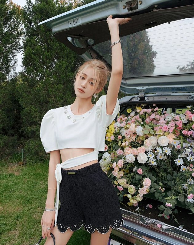 [Alala emelia] high waist lace Rhinestone Pearl tail casual shorts b1711# JJ