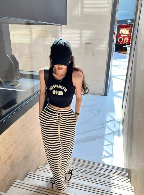 [MS studio] casual elastic waist striped medium length skirt 99401# PCZ