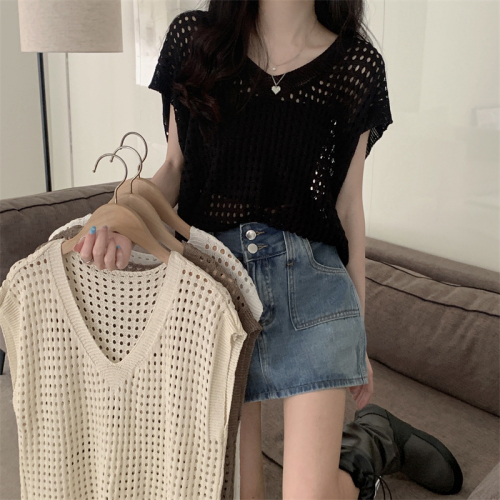 Real price summer new thin hollow V-neck Knitted Blouse vest