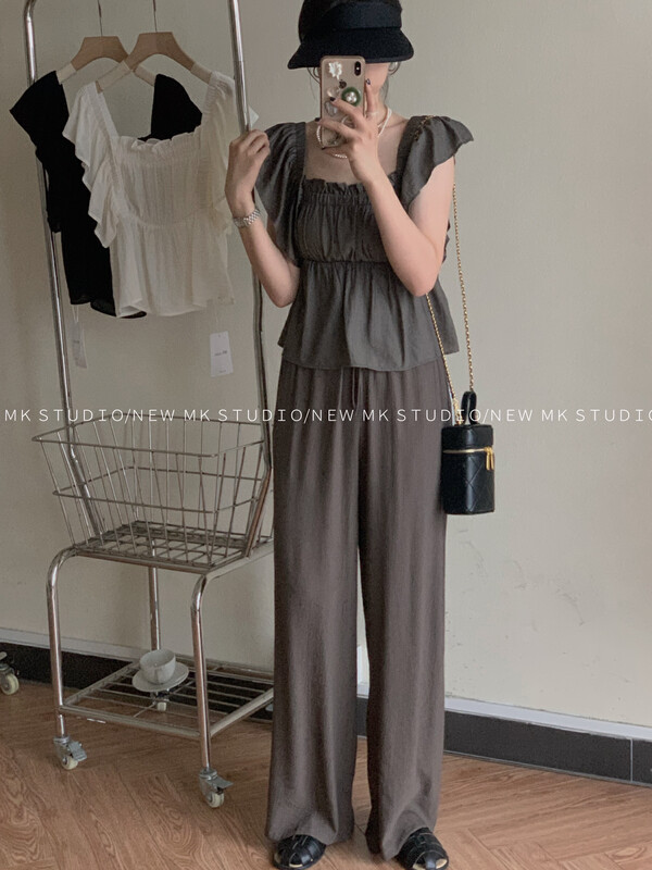 [MK] solid color pleated loose elastic waist casual pants 3350 \hjy
