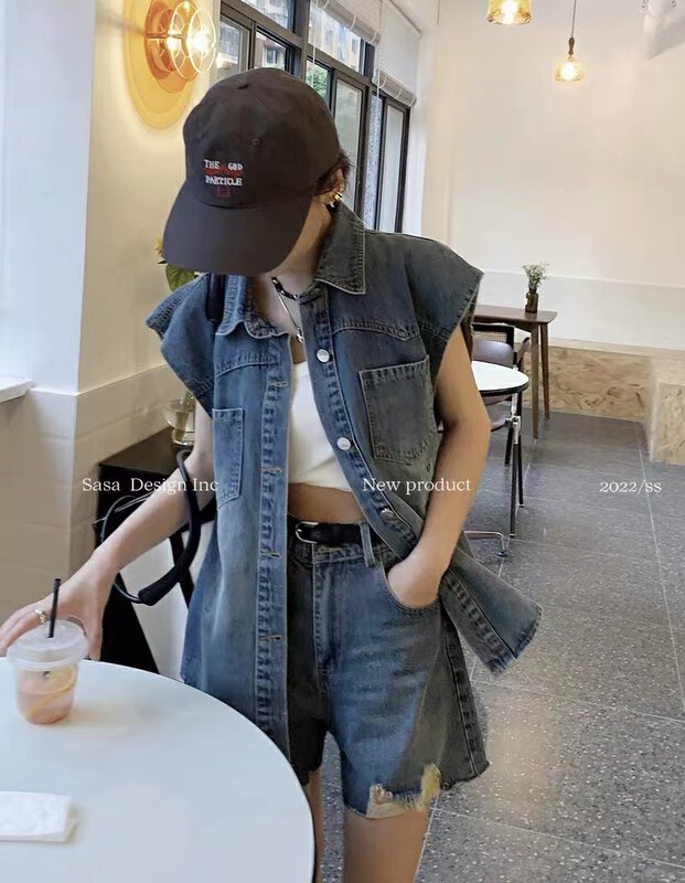 [women] vintage fashion Vest + hole design Denim Shorts Set 5199# zxl