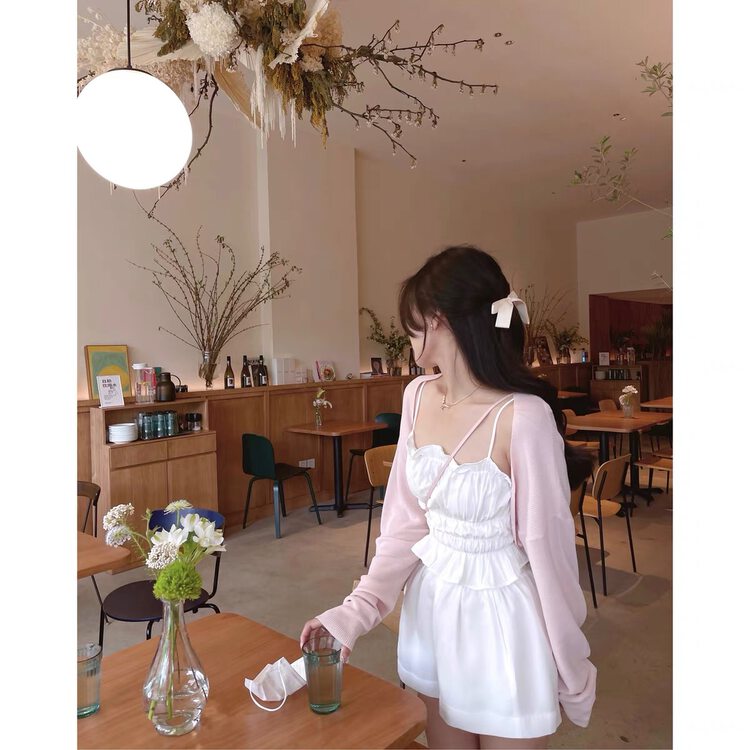 [MS studio] milk pleated lattice short suspender + versatile comfortable lattice leisure short suit 5696# PCZ
