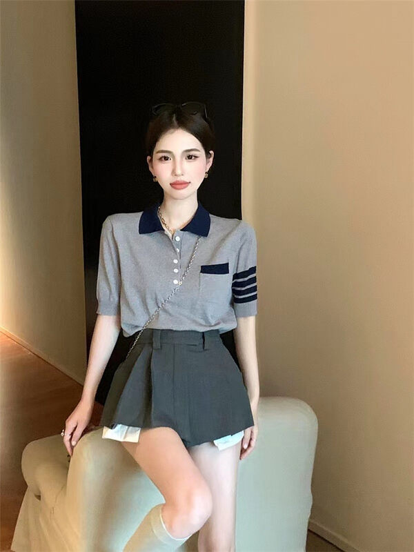 [MS studio] college style contrast color T-shirt + high waist slim skirt set 99445# PCZ
