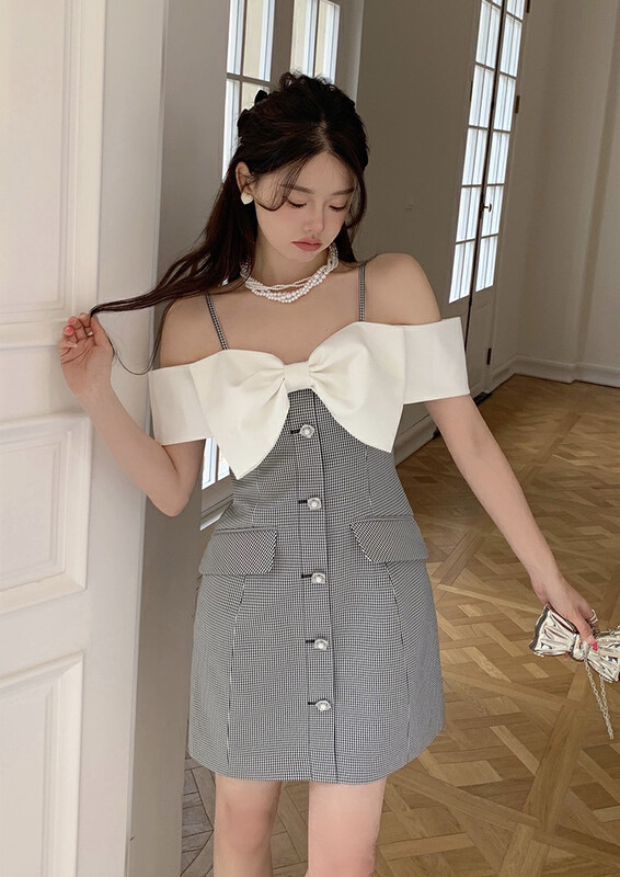 [Alala emelia] off shoulder patchwork Plaid waist dress l1775