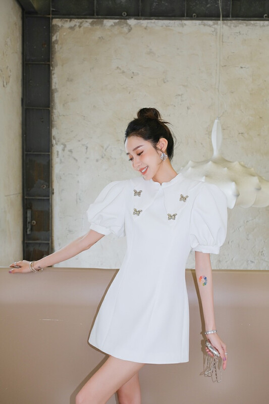 [Alala emelia] bubble sleeve national style custom button dress l1803a