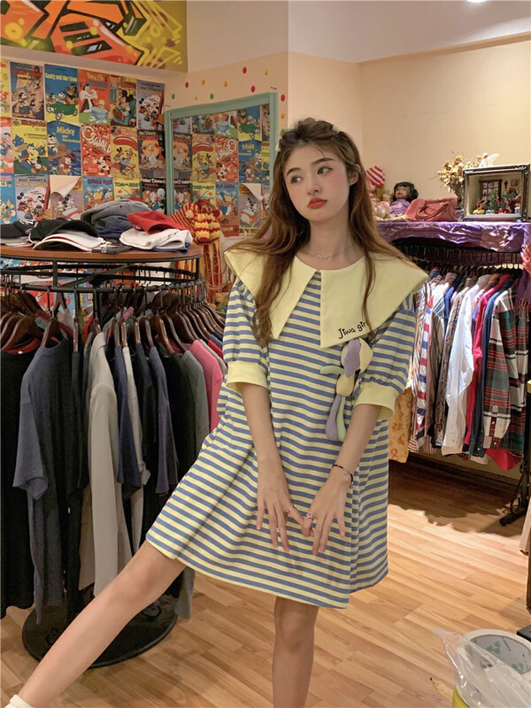 [LML] Han Feng ins sweet design color contrast dress (with rabbit) 0747# ozq
