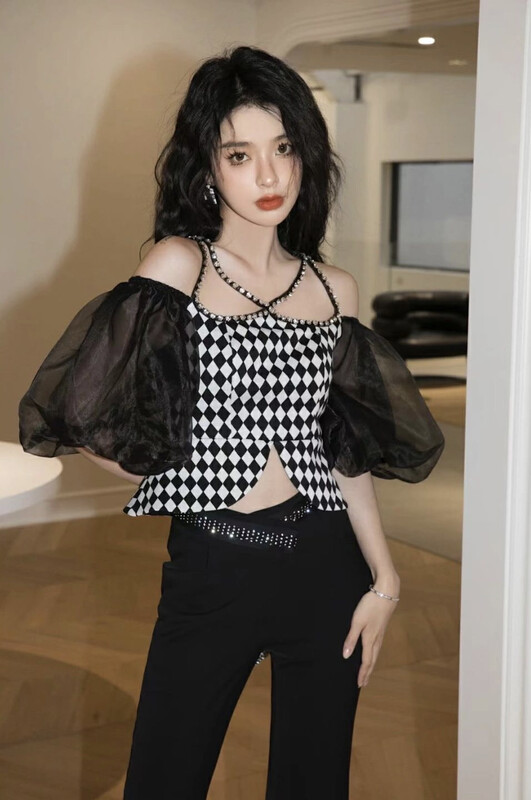 [Alala emelia] heavy industry Nail Drill checkerboard waist shirt s1768