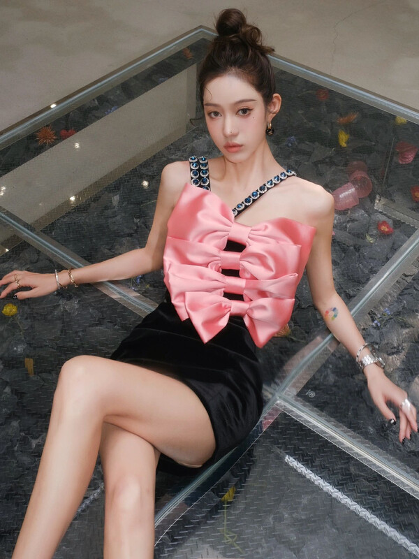 [Alala emelia] Pink Bow Black Velvet suspender dress l1829# JJ