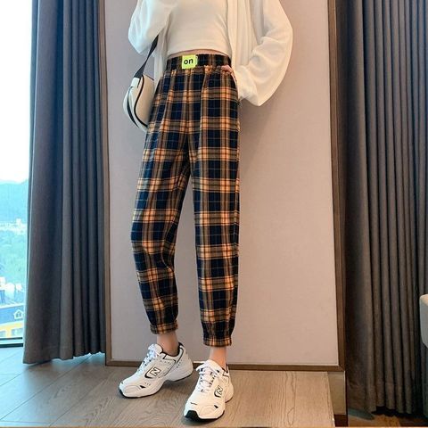  Korean new summer women's loose Plaid Leggings net red plaid Harem Pants women