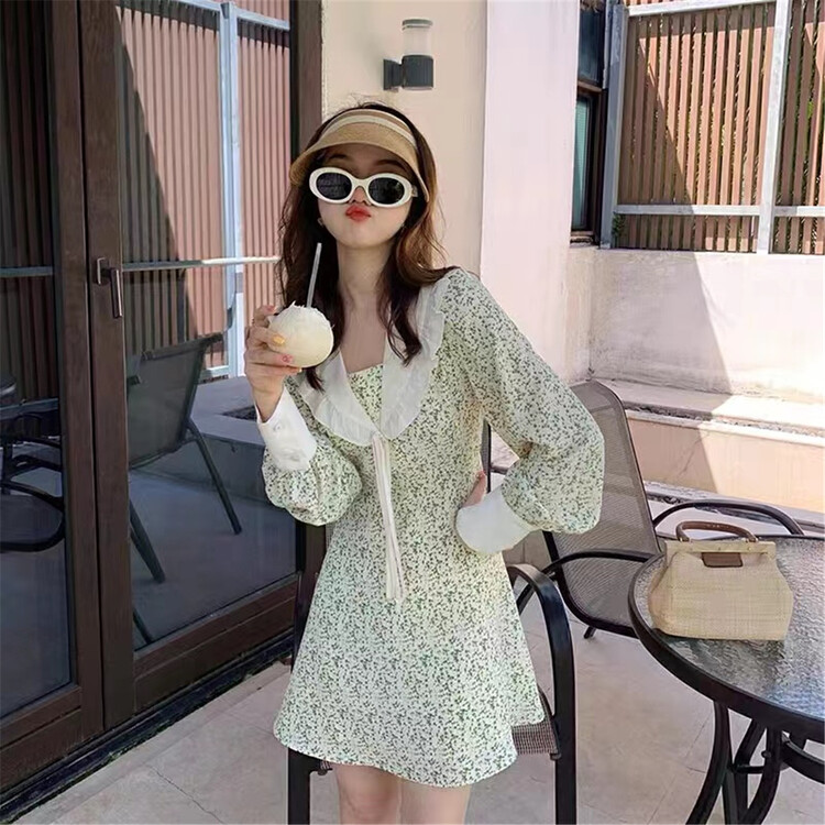 [MS studio] Korean color contrast doll large lapel floral dress 7920\pcz