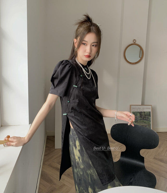[best u] stand collar bubble sleeve split pan button new Chinese style shirt 56161 \lsw