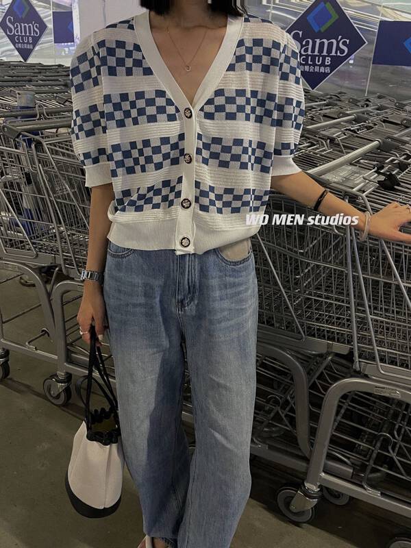 [women] fresh and simple color contrast checkered V-neck short sleeved knitted cardigan 5217# zxl