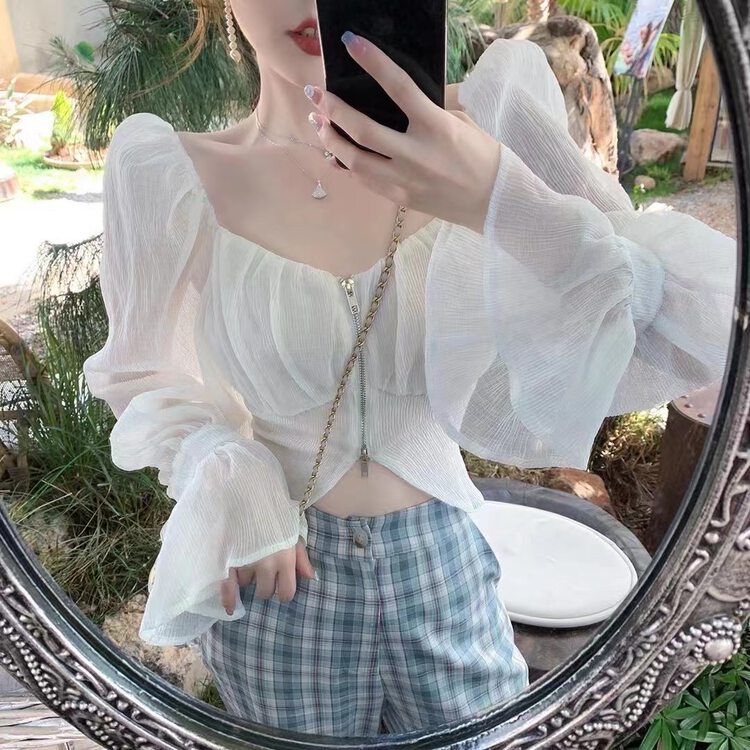 [MS studio] niche solid color square neck zipper short shirt 7782# PCZ