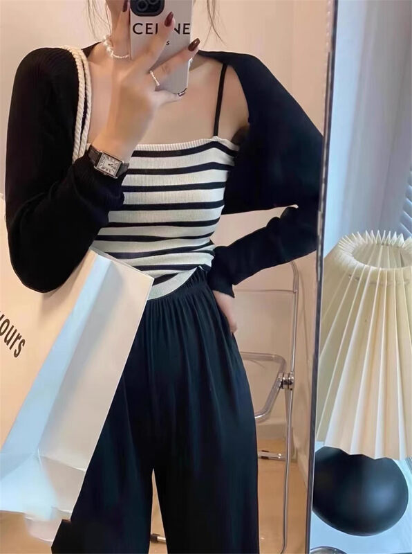 [women] hollow out fashion knitted cardigan + STRIPED FASHION vest set 3673 \zxl