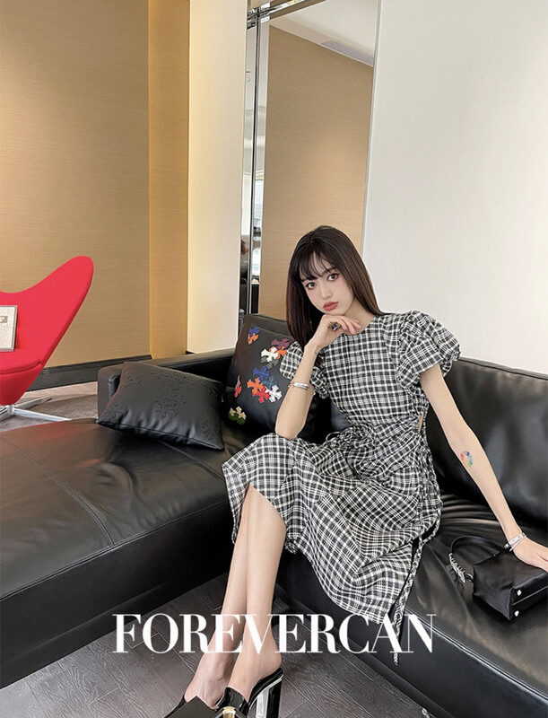 [Alala] design pleated waist fine lattice waist French dress l1597# JJ