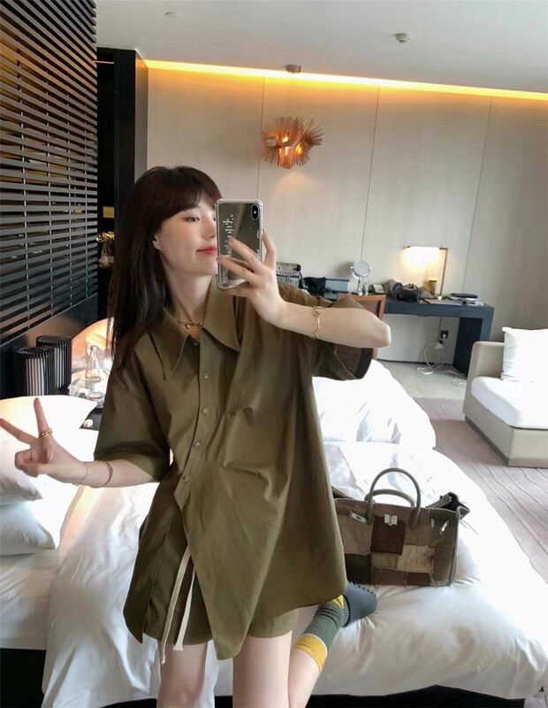 [MS studio] design sense loose shirt + elastic waist casual shorts two-piece suit 99517# PCZ