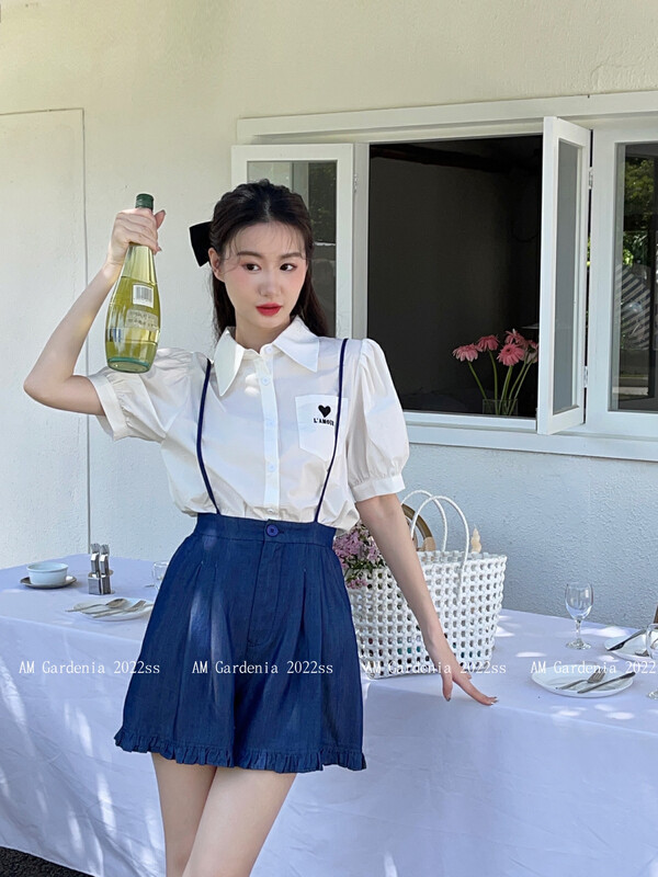 [am Gardenia] shirt love embroidered Top + thin ear strap Pants Set 3632 # zxx