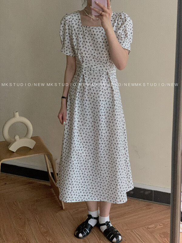 French square neck floral bow tie dress 3287 \hjy
