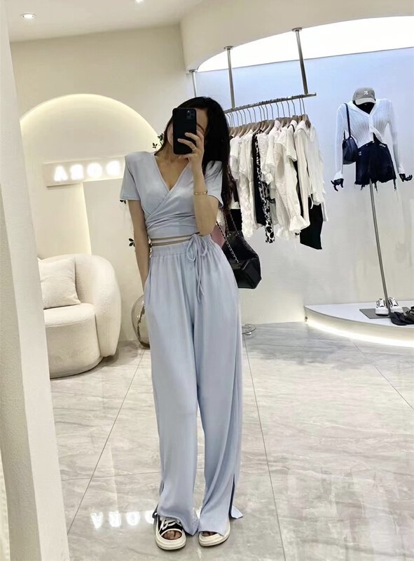 [toko.z] solid color slim shirt + high waist loose casual pants set 22189# zxl
