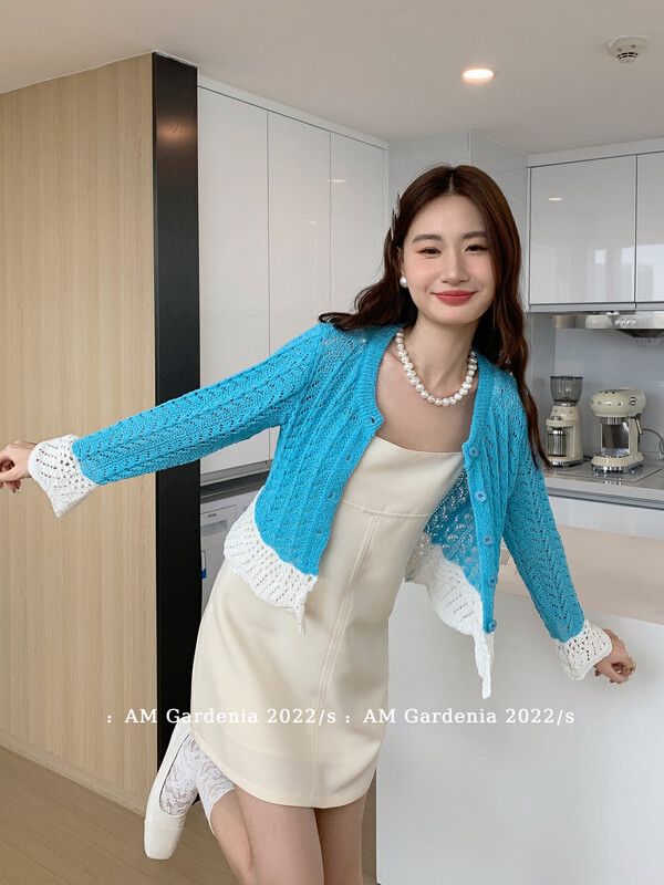 Six colors! [am Gardenia] Korean color blocked hollow cardigan + slim fitting suspender skirt two-piece suit (cardigan can be worn back and forth) 3696# zxx
