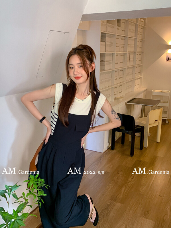[am Gardenia] round neck striped Pullover Knit Top + Korean suspender suit 3809 # zxx