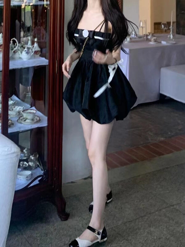 [MS studio] waist closing contrast suspender dress (detachable with flowers) 99560# PCZ