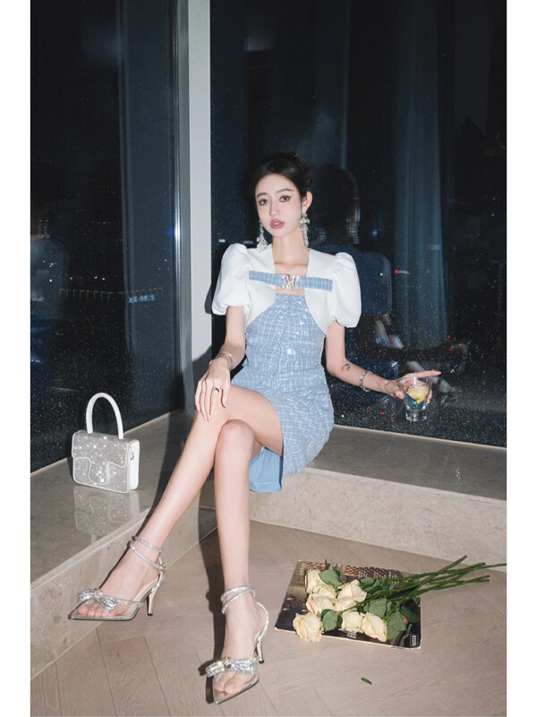 [Alala] temperament celebrity short coat + waist closed Sequin lattice strapless dress set t1607# JJ