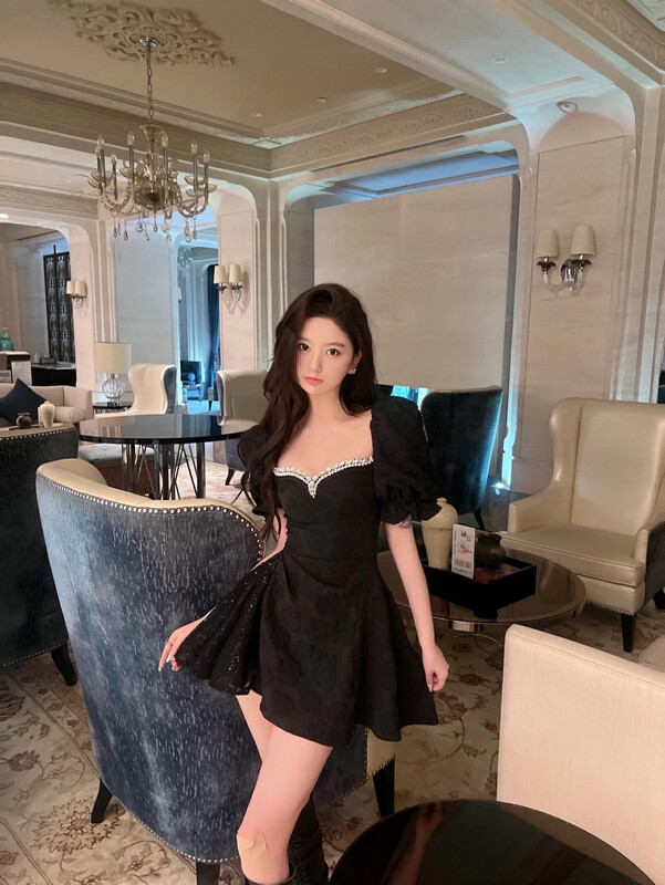[Alala emelia] pearl diamond chain sweet bubble sleeve dress l1387a